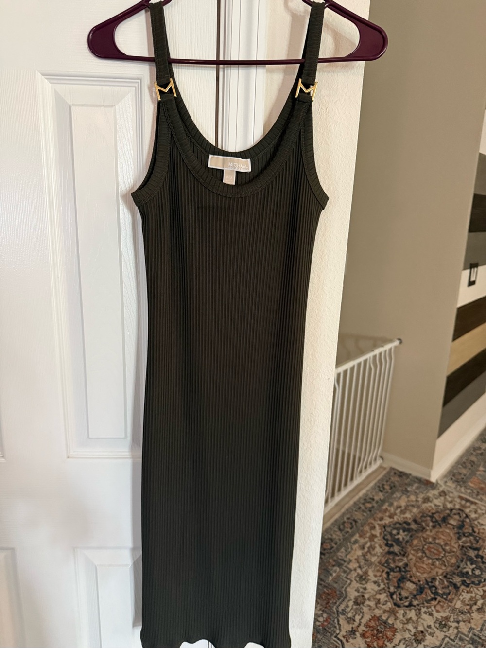 MICHAEL Michael Kors Olive Ribbed Tank Midi Dress with Gold M Accents
